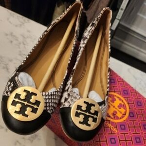 Tory Burch Snake-Print Flats with Black Cap Toe and Gold Logo